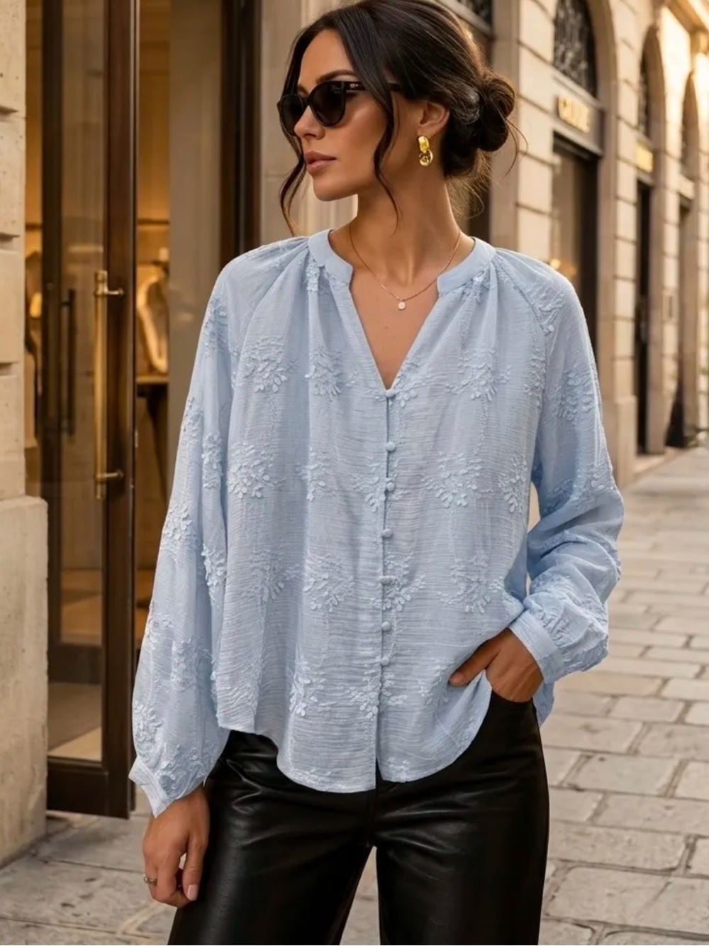 FROM PARIS FRANCE 🇫🇷 Light Blue Embroidered V-Neck Button Front Women's Top